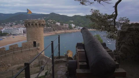 Tossa de Mar Coast. Cannon In The Fortress Vila Vella Stock Footage 100708802