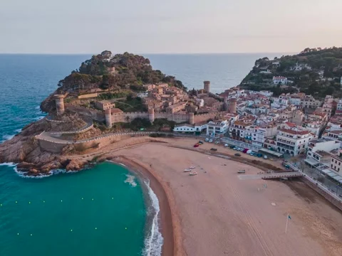 Tossa de Mar Drone Timelapse: Day to Night over Castle and Coastline Stock Footage 307145475