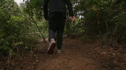 TOSSA DE MAR, SPAIN - CIRCA 2018: A man walking along the forest trail in the Stock Footage 98317511