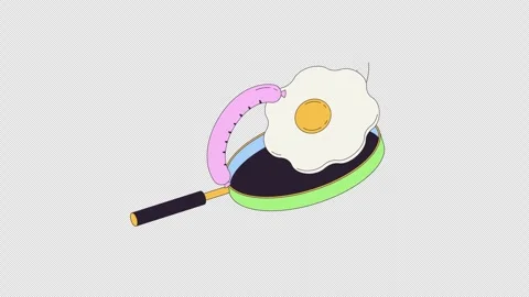 Tossing frying pan with sunny-side-up egg and sausage 2D cartoon object Stock Footage 337540854