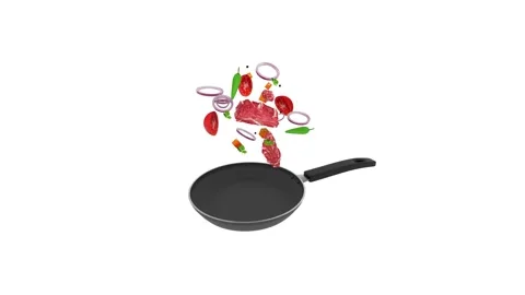 Tossing meat and vegetables with a frying pan - Food Cooking Animation Stock Footage