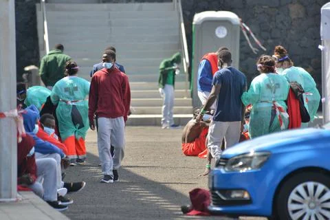 A total of 60 male migrants arrive at La Restiga port, La Restinga, Spain - 14 O Stock Photos