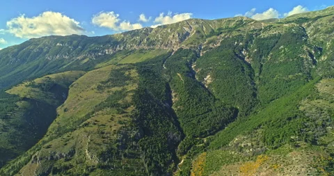 Total aerial view of Monte Morrone and a grove of yellow colored brooms Stock Footage 246044175