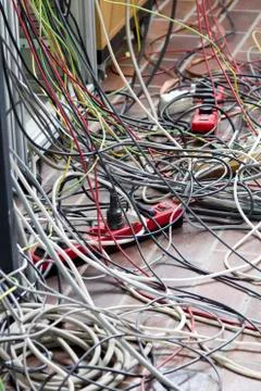 Total cable mess in electronic laboratory Stock Photos