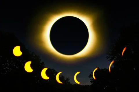 Total eclipse of the sun by the moon and all phases of the solar eclipse in Fotos Stock