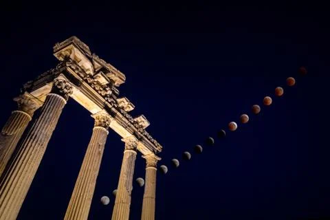 Total Lunar Eclipse over the Apollo Temple in Side, Turkey Stock Photos