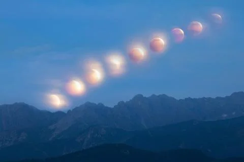 Total lunar eclipse. Phases observed on July 27 2018 over High Tatras Stock Photos