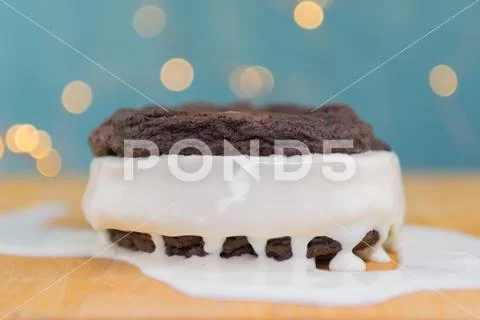 Total Meltdown of Double Chocolate Cookie Ice Cream Sandwich Stock Photos