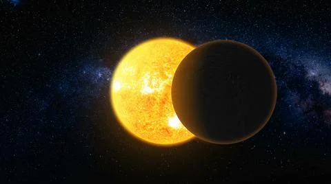 Total solar eclipse 3d: lunar silhouette art illustration. Epic scenery of Stock Photos