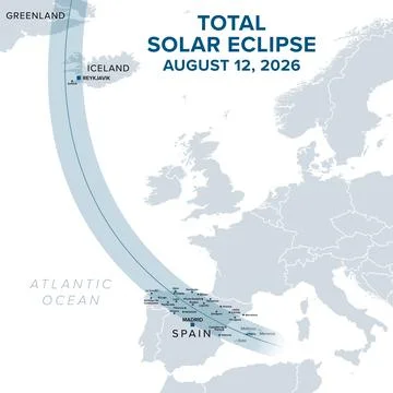 Total solar eclipse, August 12, 2026, political map 스톡 일러스트