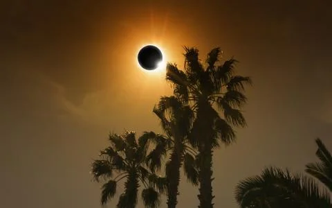Total solar eclipse in dark glowing sky 写真素材