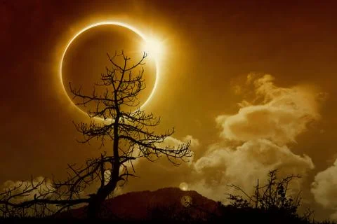 Total solar eclipse in dark glowing sky Stock Photos