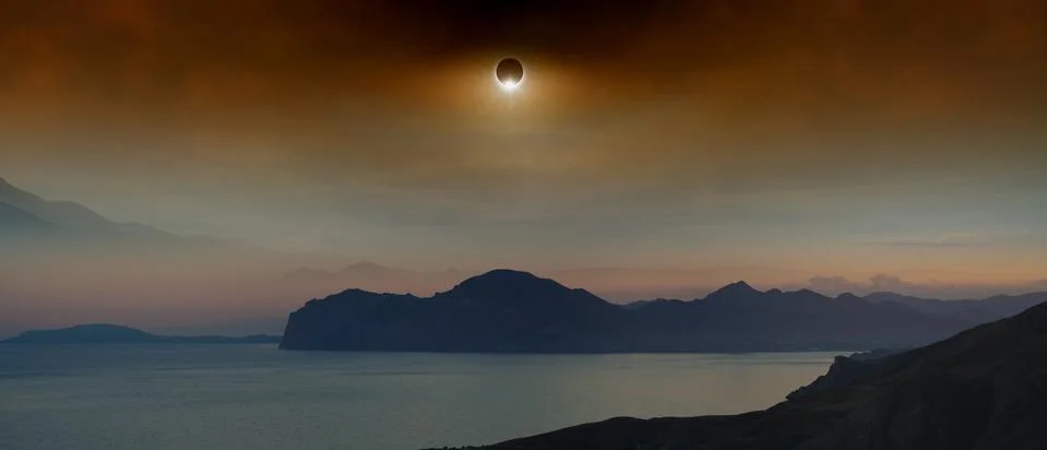 Total solar eclipse in dark red sky above sea and mountains Stock-Fotos