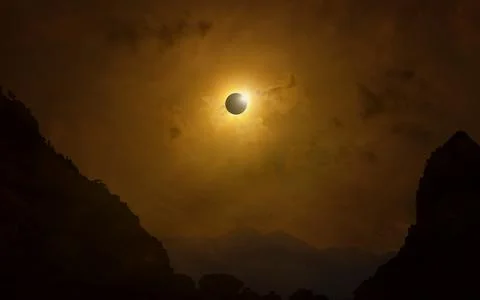 Total solar eclipse in dark red sky above mountains, mysterious phenomenon wh Фото