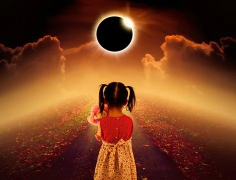 Total solar eclipse glowing above child on pathway with night sky and clouds Stock Photos