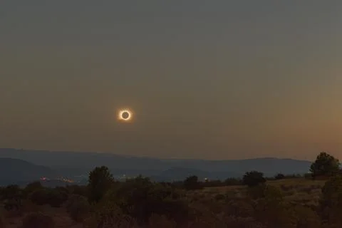 Total Solar Eclipse Ring over Twilight Landscape Stock Photos
