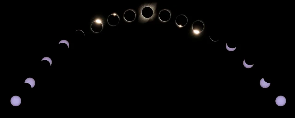 Total Solar Eclipse Sequence From Full Sun Through Totality And Back Stock Photos