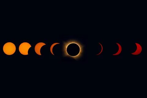 Total solar eclipse sequence showing moon phases in Lleida, Spain Stock Photos