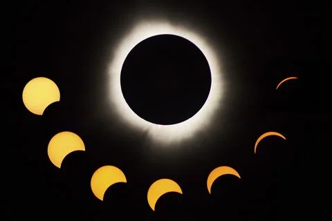 Total Solar Eclipse Stages with Glowing Corona, Spiceland, Indiana Stock Photos