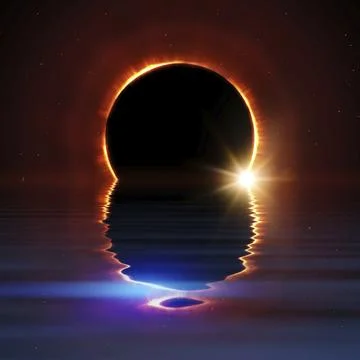 Total sun eclipse water reflection with stars and flare illustration Stock Illustration