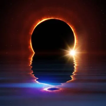 Total sun eclipse water reflection with stars and flare total sun eclipse ... 스톡 사진