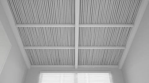 Total white project, ceiling close-up in eco modern interior, wooden bamboo c Illustrazione stock