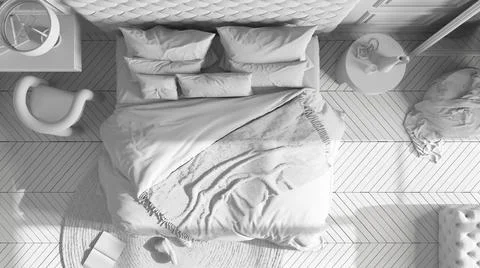 Total white project, classic bedroom hotel suite with velvet double master be Stock Illustration