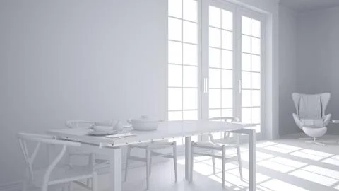 Total white project of classic kitchen, dining table laid for two with chairs Stock Illustration