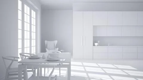 Total white project of classic kitchen, dining table laid for two with chairs Illustrazione stock