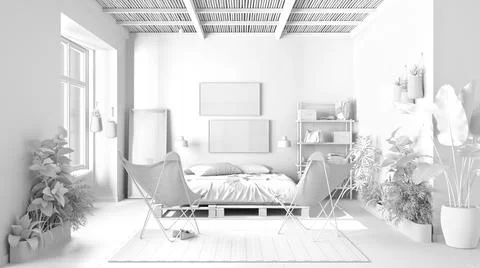 Total white project of country rustic bedroom, eco interior design, sustainab Stock Illustration
