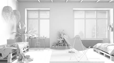 Total white project of country rustic bedroom with sofa, eco interior design, Illustrazione stock