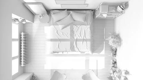 Total white project, country rustic bedroom, eco interior design, sustainable Stock Illustration