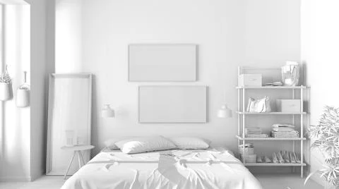 Total white project, country rustic bedroom, eco interior design, sustainable Illustrazione stock