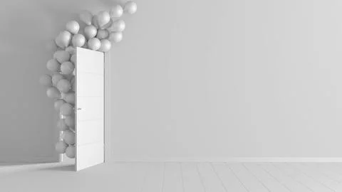 Total white project draft, balloons floating through open door in home inte.. Stock Illustration