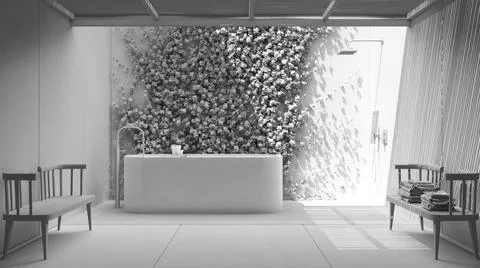 Total white project draft, bathroom, japanese zen style, exterior eco garden  Stock Illustration
