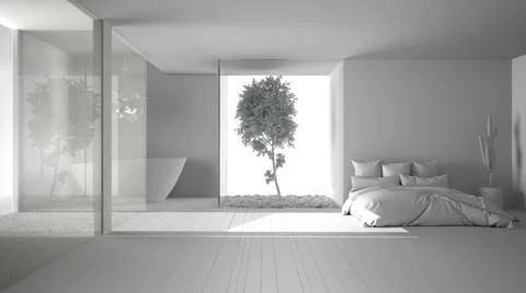 Total white project draft of bedroom with bathroom, parquet, big panoramic wi Ilustración de archivo