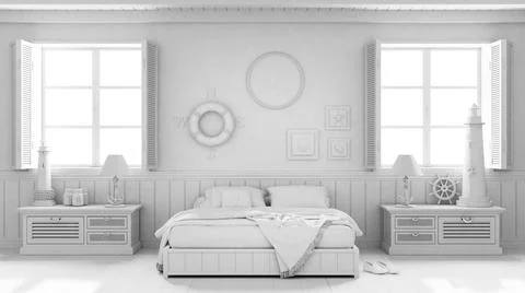 Total white project draft, bedroom with wooden bed and chest of drawers. Pano Stock Illustration