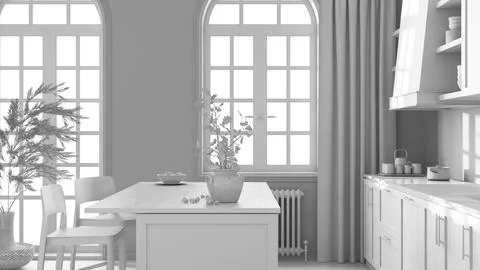 Total white project draft, bohemian wooden kitchen with island and stools. .. Stock Illustration