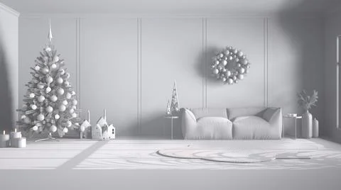Total white project draft, classic background: Christmas decorated living roo 스톡 일러스트