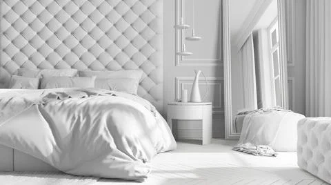 Total white project draft, classic bedroom with modern furniture, close up, p Stock Illustration