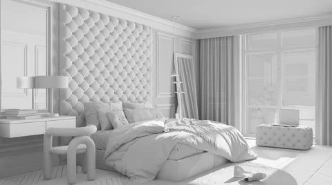 Total white project draft, classic bedroom with modern furniture, parquet, ve 스톡 일러스트