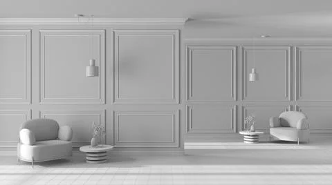 Total white project draft, classic living room, waiting sitting space with ar Ilustração Stock