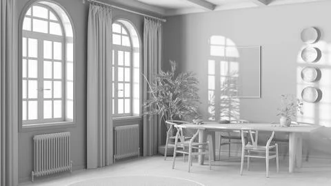Total white project draft, classic scandinavian dining room. Wooden table wit Stock Illustration