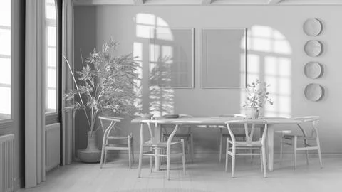 Total white project draft, classic vintage dining room. Wooden table with cha Stock Illustration