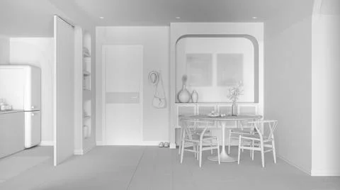 Total white project draft, contemporary dining room and kitchen, round table  Stock Illustration