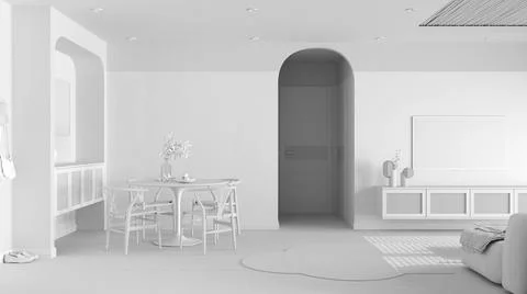 Total white project draft, contemporary wooden dining and living room, table  스톡 일러스트