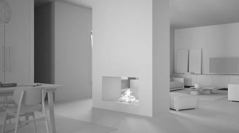 Total white project draft, cosy living room with sofa, carpet, coffee table w Stock Illustration