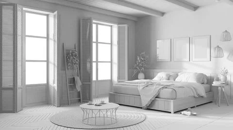 Total white project draft, country bedroom . Mater bed with blanket. Windows  Stock Illustration