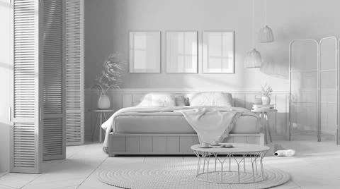 Total white project draft, country bedroom. Mater bed with blanket. Wooden pa Stock Illustration