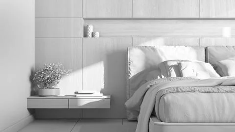 Total white project draft, cozy bedroom close up. Wooden headboard. Velvet .. Stock Illustration